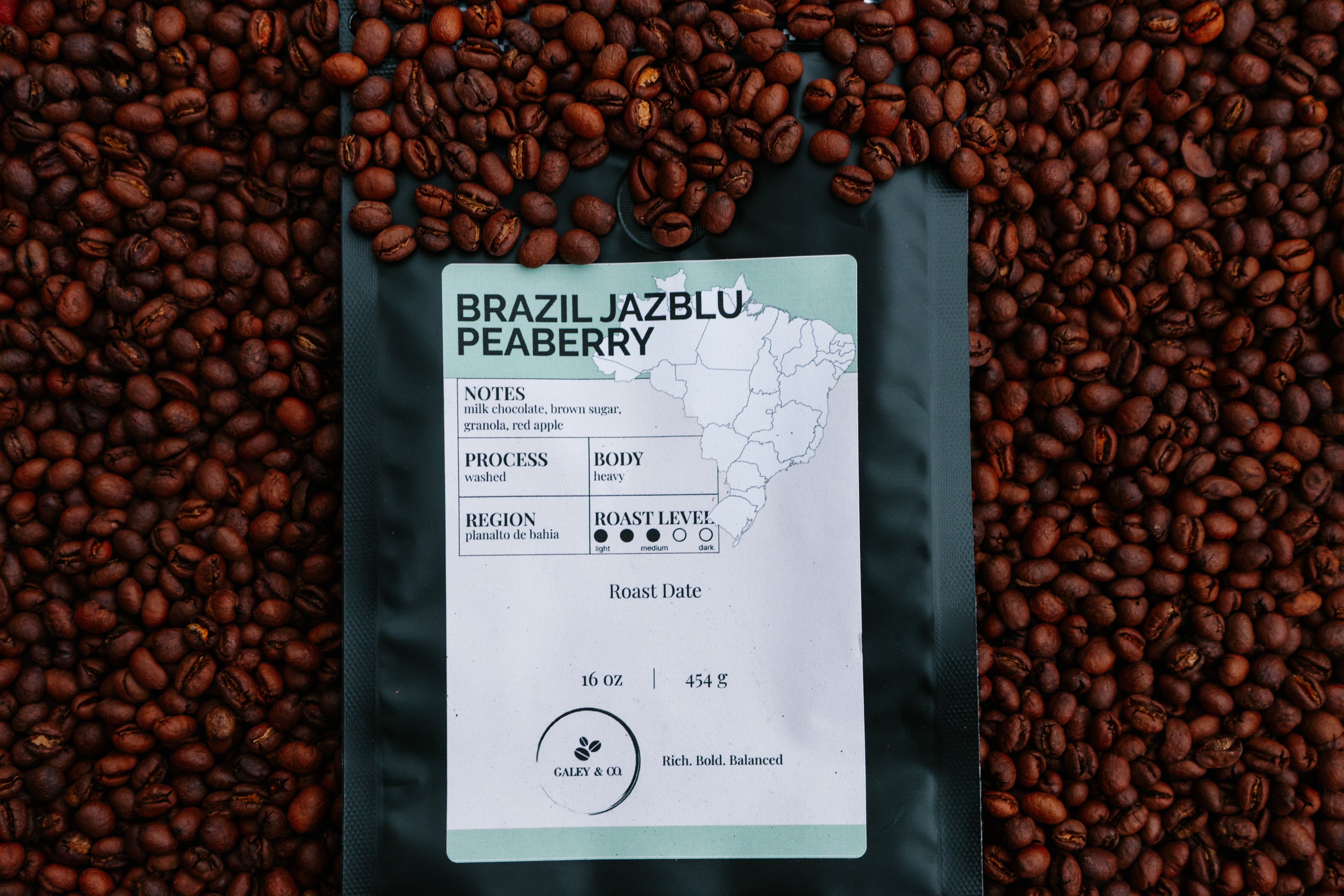 Peaberry Coffee Whole Bean Fresh Brazilian JAZBLU Coffee Beans - Medium Roast, Peaberry, 1 LB Bags, Roasted Daily! Coffee Beans Dark Roast